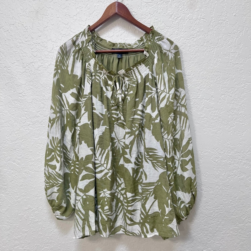Harper 241‎ Olive Green Tropical Palm Print Smocked Blouse 3X Resort Vacation